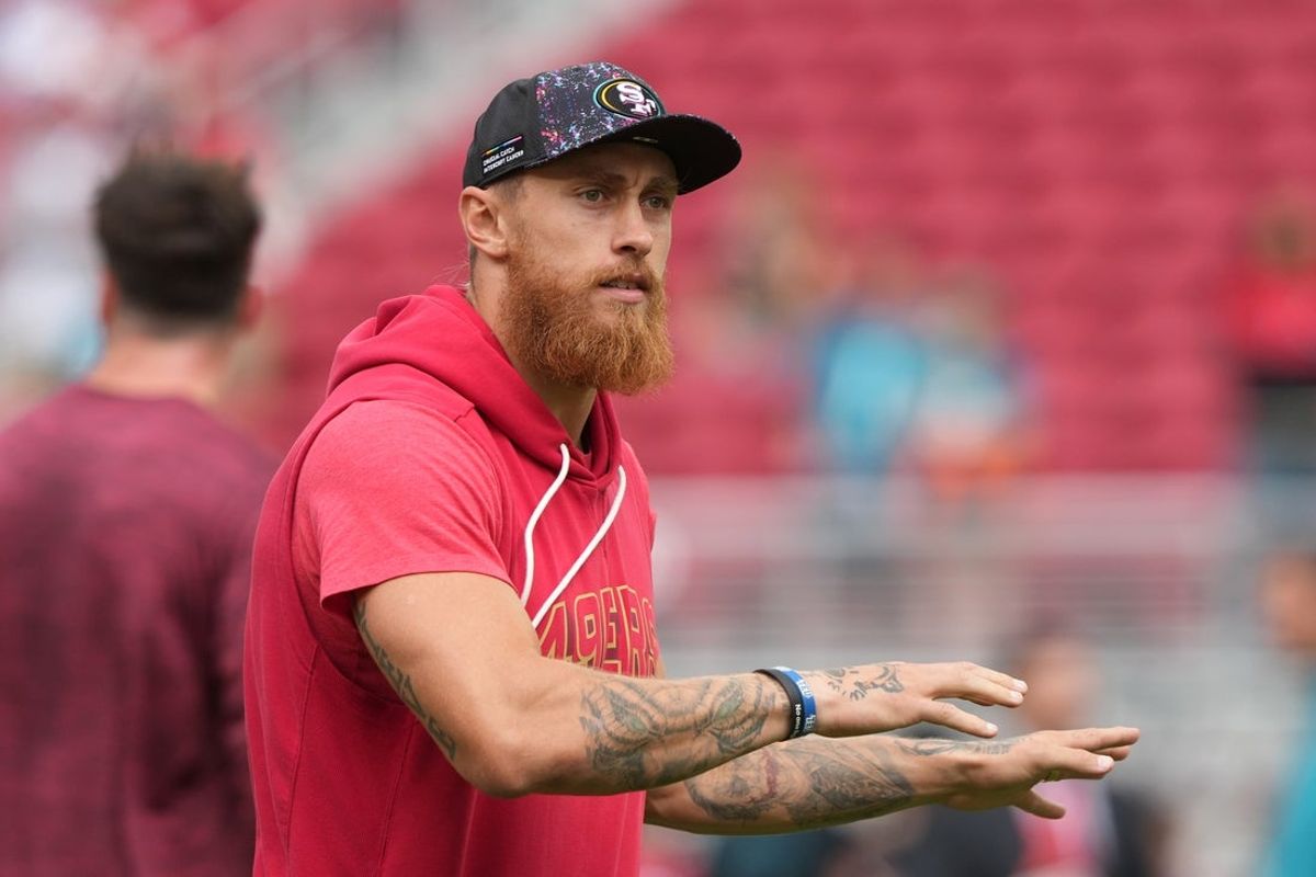 Sep 28, 2025; Santa Clara, California, USA; San Francisco 49ers tight end George Kittle before the game against the Jacksonville Jaguars at Levi's Stadium. Mandatory Credit: Darren Yamashita-Imagn Images
