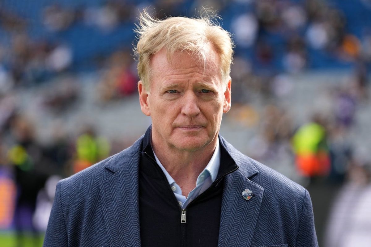 Sep 28, 2025; Dublin, Ireland; NFL commissioner Roger Goodell watches during an NFL International Series game between the Minnesota Vikings and the Pittsburgh Steelers at Croke Park. Mandatory Credit: Kirby Lee-Imagn Images