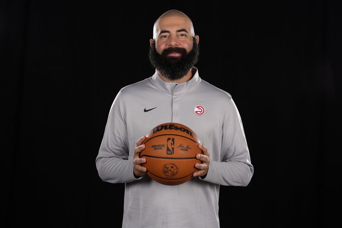 Sep 29, 2025; Atlanta, GA, USA;  Mandatory Credit: Atlanta Hawks general manager Onsi Saleh poses for a photo during Media Day. Dale Zanine-Imagn Images