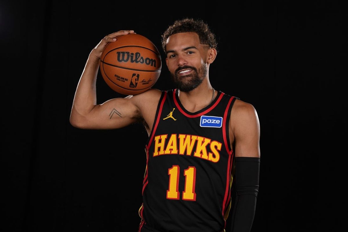 Sep 29, 2025; Atlanta, GA, USA;  Mandatory Credit: Atlanta Hawks guard Trae Young (11) poses for a photo during Media Day. Dale Zanine-Imagn Images