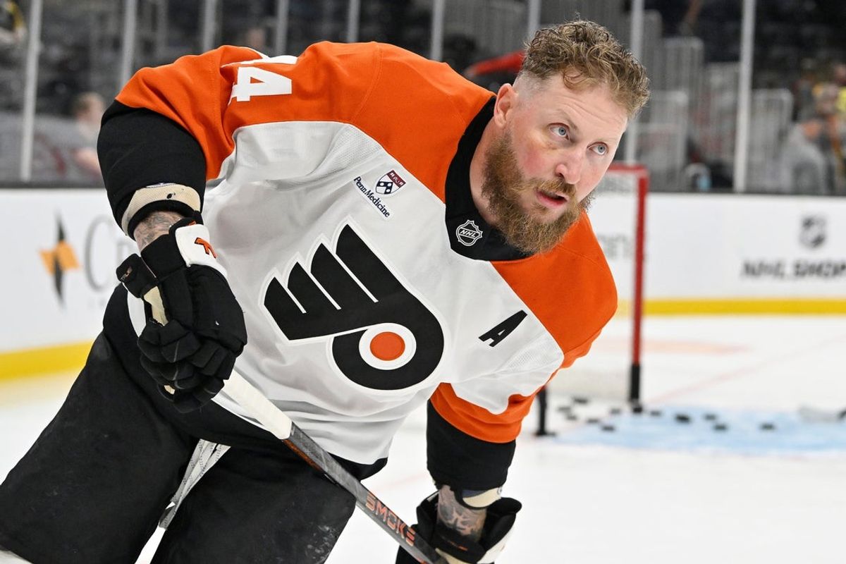 Sep 29, 2025; Boston, Massachusetts, USA;  Philadelphia Flyers left wing Nicolas Deslauriers (44) warms up before a game against the Boston Bruins at TD Garden. Mandatory Credit: Eric Canha-Imagn Images