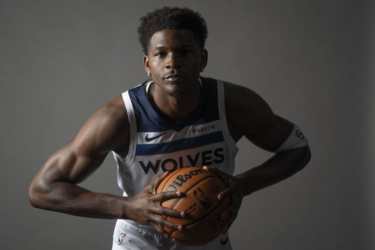 Sep 29, 2025; Minneapolis, MN, USA; Minnesota Timberwolves guard Anthony Edwards (5) poses for a photograph as part of media day at Target Center. Mandatory Credit: Bruce Kluckhohn-Imagn Images