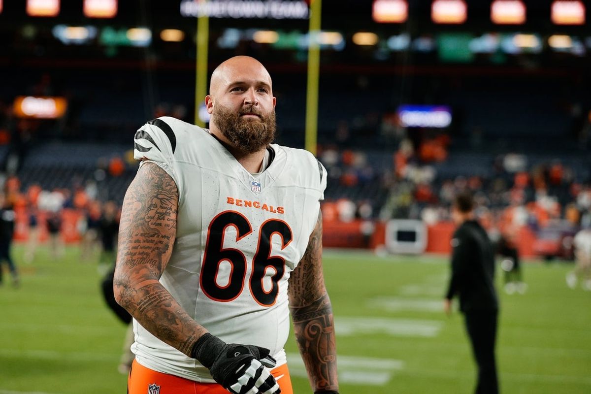 Sep 29, 2025; Denver, Colorado, USA; Cincinnati Bengals guard Dalton Risner (66) looks on after the game against the Denver Broncos at Empower Field at Mile High. Mandatory Credit: Isaiah J. Downing-Imagn Images