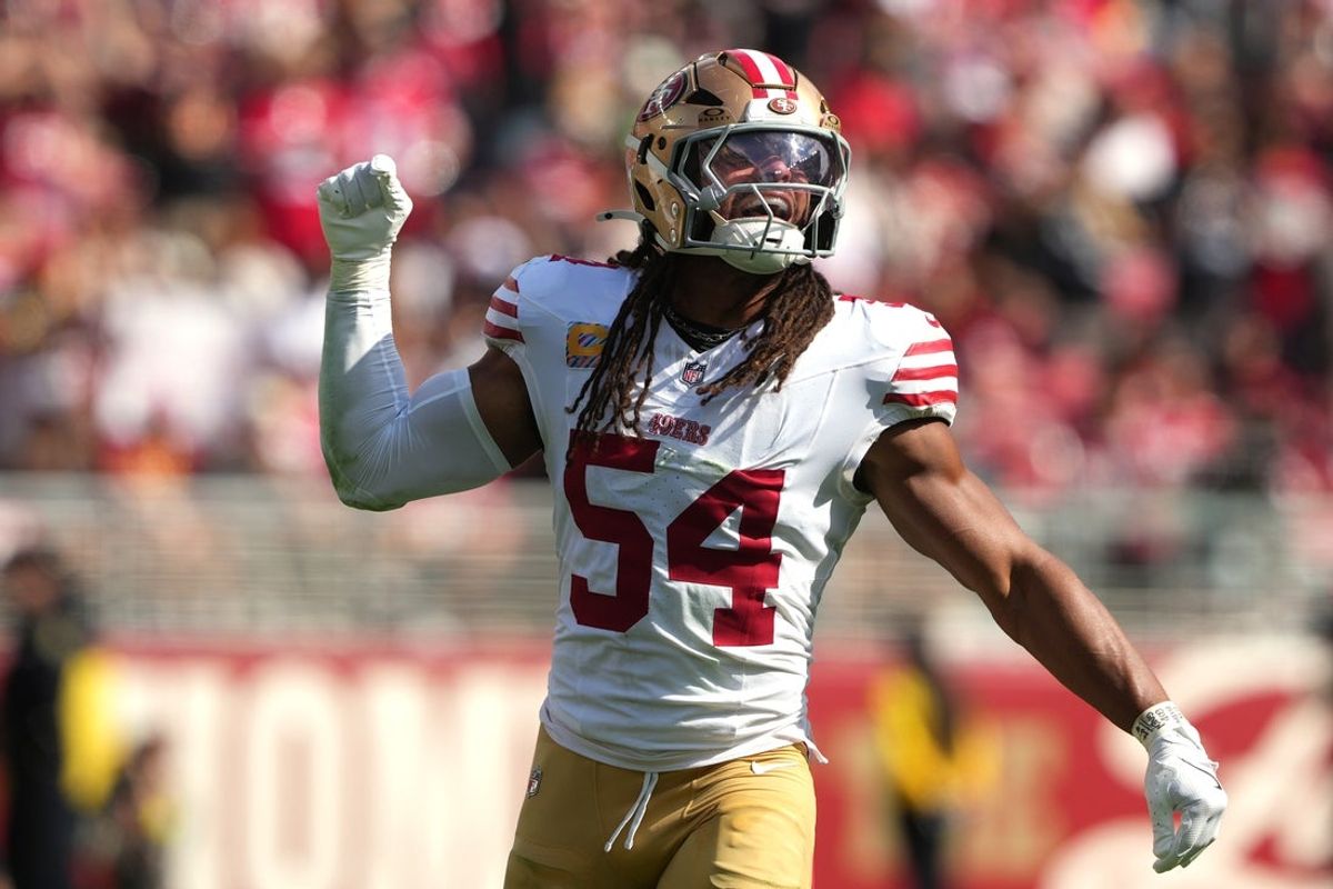 Sep 28, 2025; Santa Clara, California, USA; San Francisco 49ers middle linebacker Fred Warner (54) during the third quarter against the Jacksonville Jaguars at Levi's Stadium. Mandatory Credit: Darren Yamashita-Imagn Images