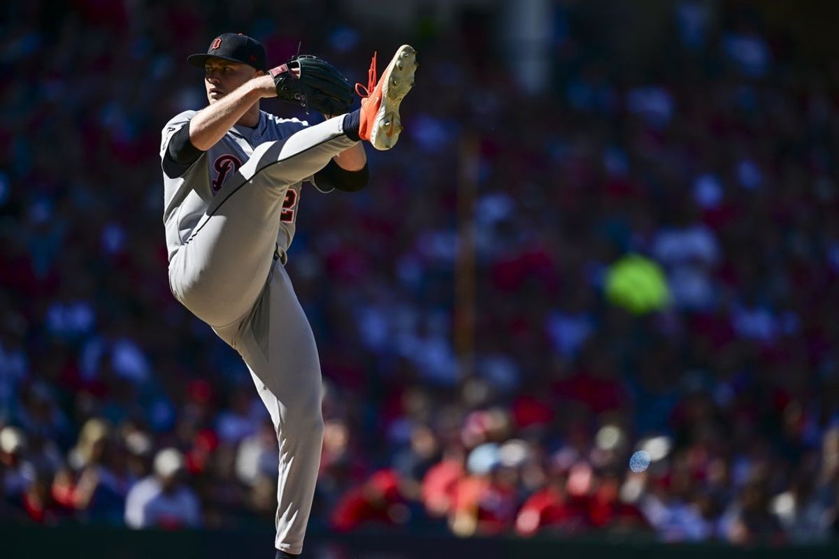 Sep 30, 2025; Cleveland, Ohio, USA; Detroit Tigers pitcher Tarik Skubal (29) delivers against the Cleveland Guardians in the fifth inning during game one of the Wildcard round for the 2025 MLB playoffs at Progressive Field. Mandatory Credit: David Dermer-Imagn Images