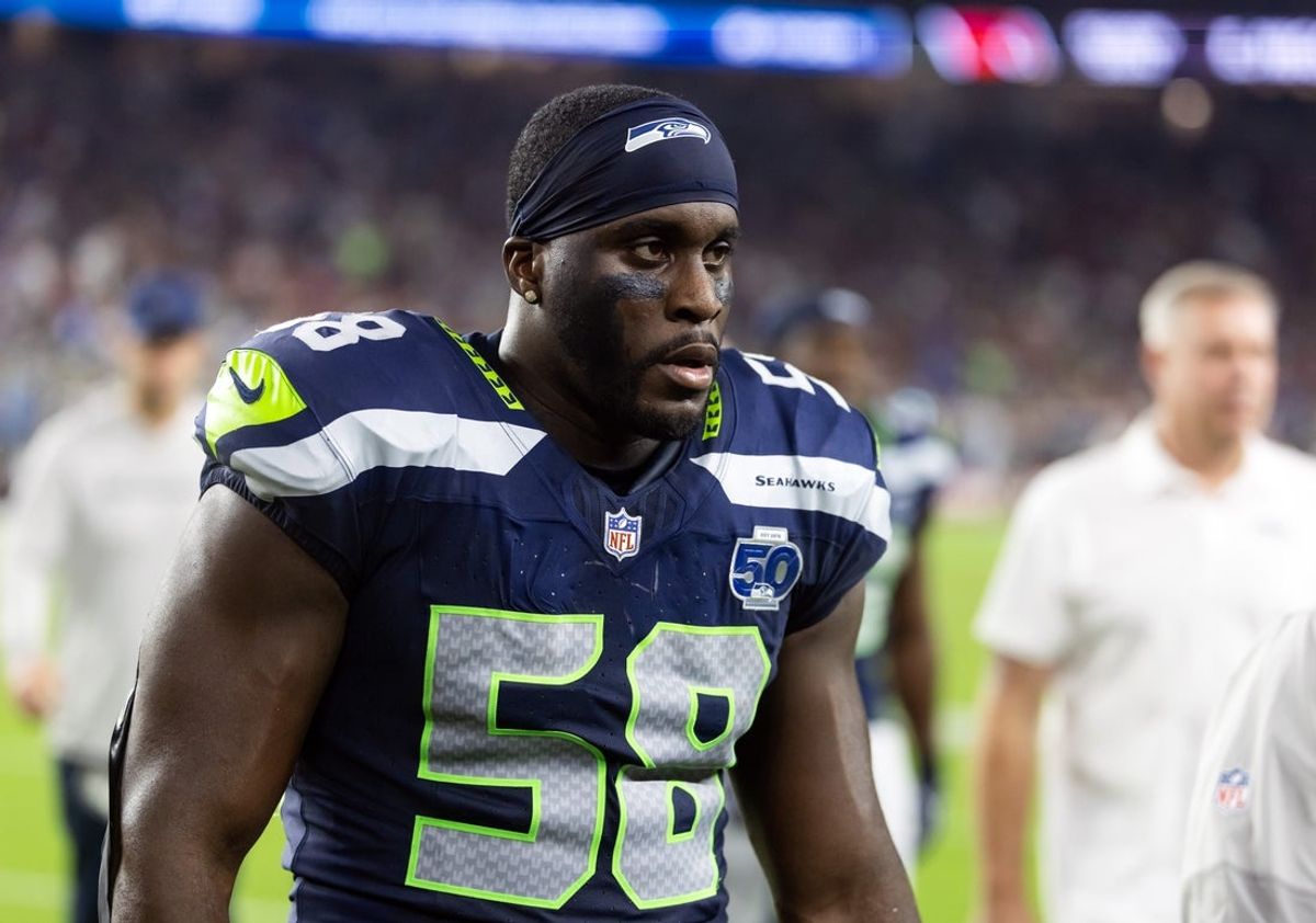 Sep 25, 2025; Glendale, Arizona, USA; Seattle Seahawks linebacker Derick Hall (58) against the Arizona Cardinals at State Farm Stadium. Mandatory Credit: Mark J. Rebilas-Imagn Images