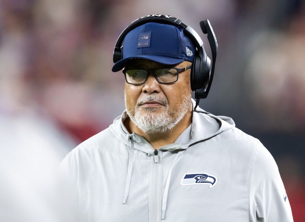 Sep 25, 2025; Glendale, Arizona, USA; Seattle Seahawks running backs coach Kennedy Polamalu against the Arizona Cardinals at State Farm Stadium. Mandatory Credit: Mark J. Rebilas-Imagn Images