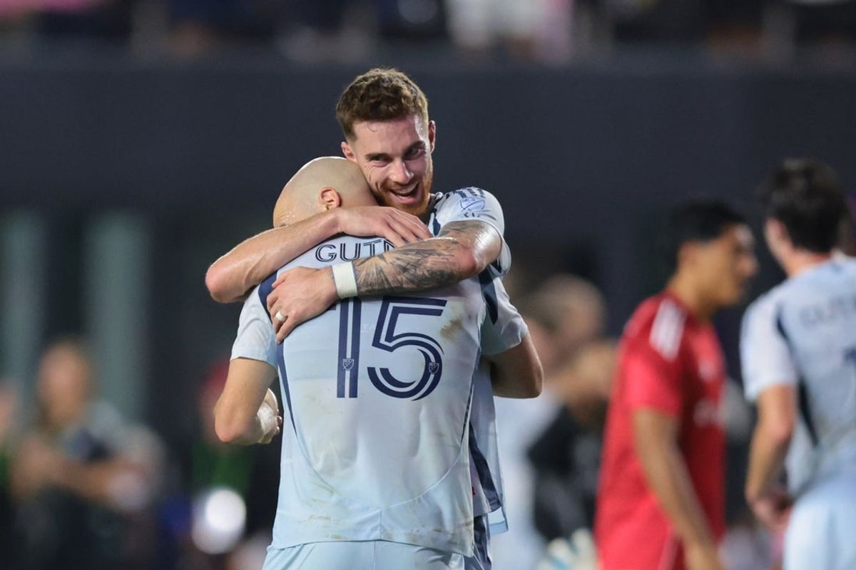 Sep 30, 2025; Fort Lauderdale, Florida, USA; Chicago Fire defender Joel Waterman (16) celebrates with defender Andrew Gutman (15) after the game against Inter Miami CF at Chase Stadium. Mandatory Credit: Sam Navarro-Imagn Images