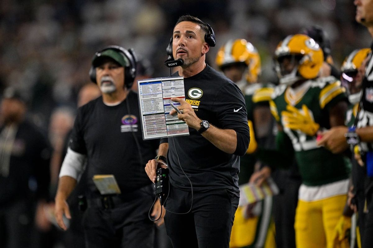 Sep 28, 2025; Arlington, Texas, USA; Green Bay Packers head coach Matt LaFleur looks on during the game between the Dallas Cowboys and the Green Bay Packers at AT&T Stadium. Mandatory Credit: Jerome Miron-Imagn Images