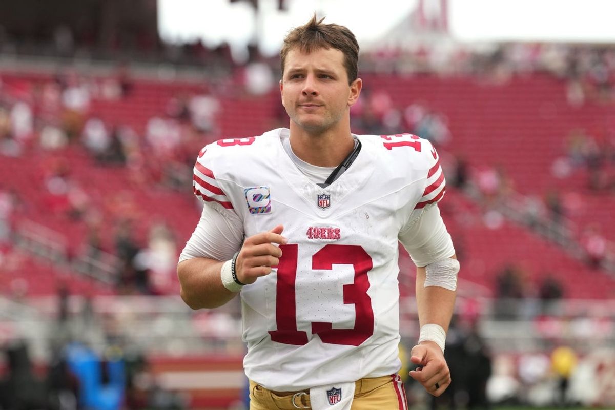 Sep 28, 2025; Santa Clara, California, USA; San Francisco 49ers quarterback Brock Purdy (13) after the game against the Jacksonville Jaguars at Levi's Stadium. Mandatory Credit: Darren Yamashita-Imagn Images
