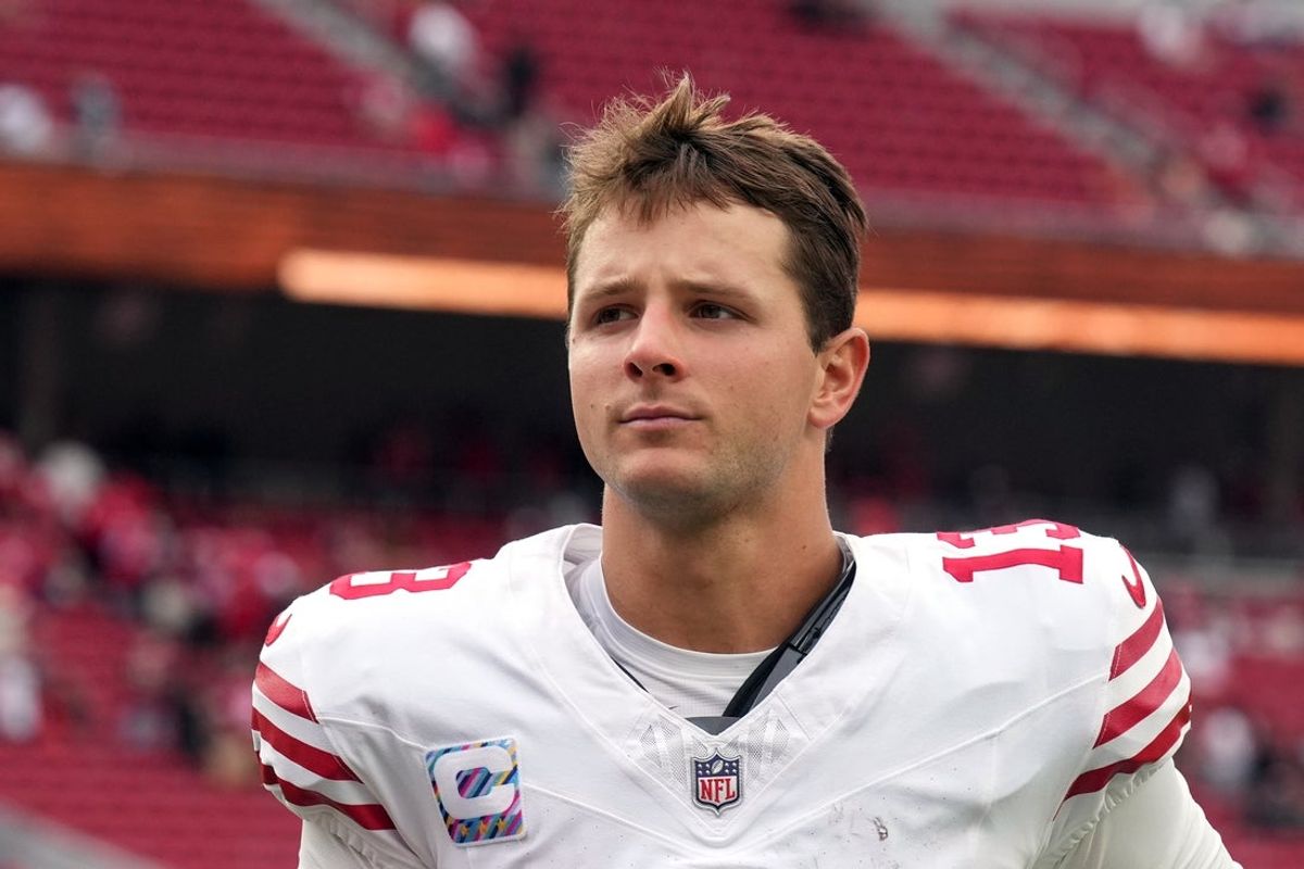 Sep 28, 2025; Santa Clara, California, USA; San Francisco 49ers quarterback Brock Purdy (13) after the game against the Jacksonville Jaguars at Levi's Stadium. Mandatory Credit: Darren Yamashita-Imagn Images