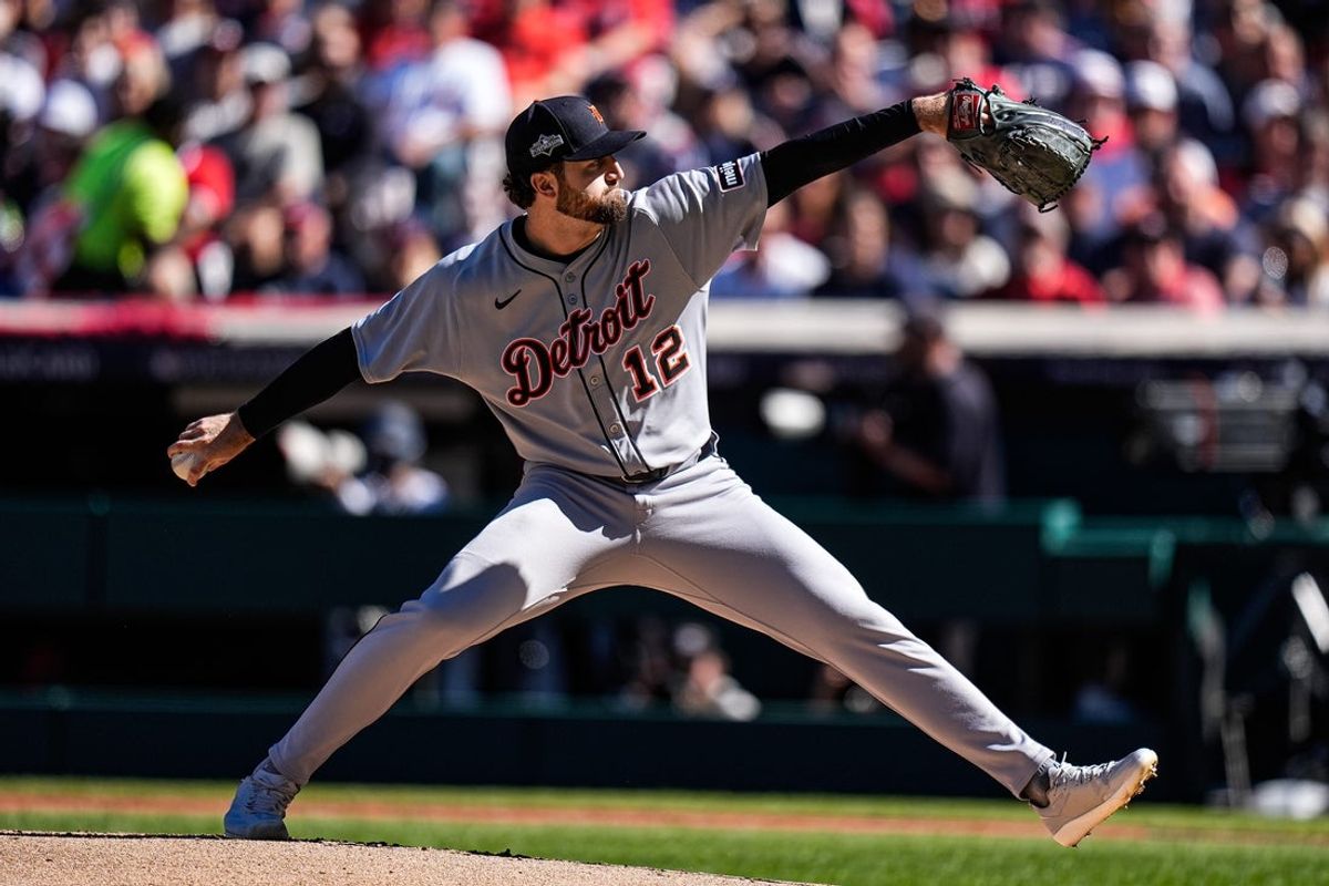 Detroit Tigers pitcher Casey Mize (12) throws against Cleveland Guardians during the first inning of Game 2 of AL wild-card series at Progressive Field in Cleveland, Ohio on Wednesday, Oct. 1, 2025.