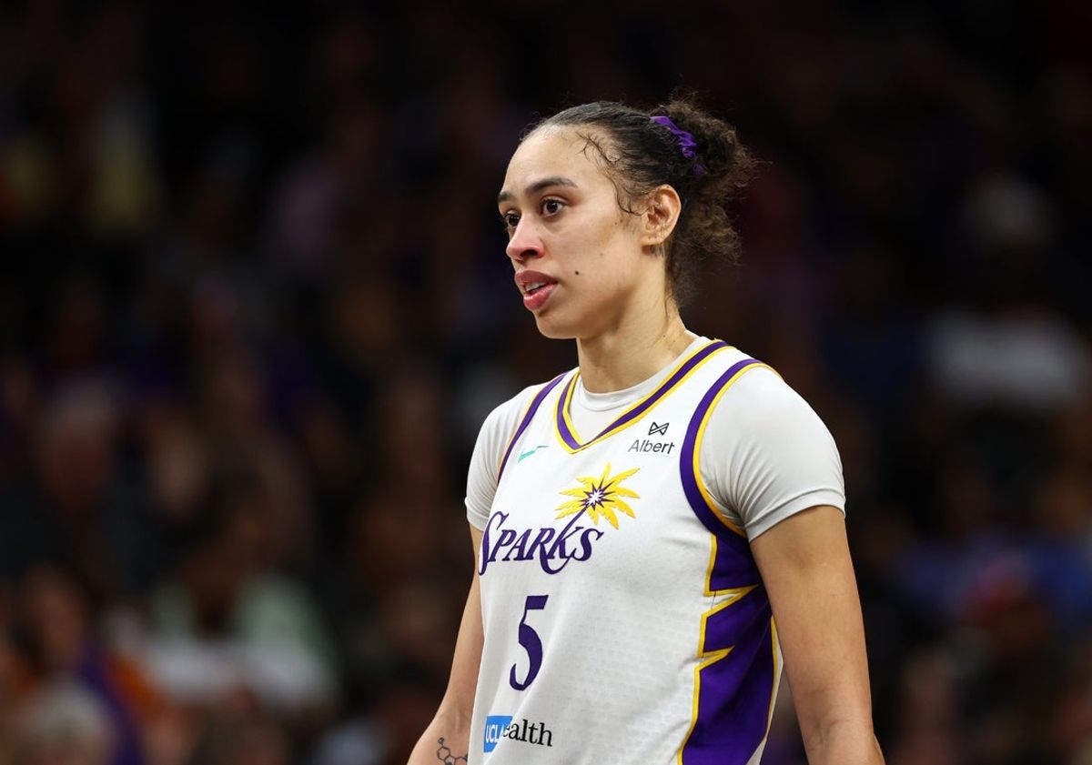 Sep 9, 2025; Phoenix, Arizona, USA; Los Angeles Sparks forward Dearica Hamby (5) against the Phoenix Mercury during a WNBA game at PHX Arena. Mandatory Credit: Mark J. Rebilas-Imagn Images