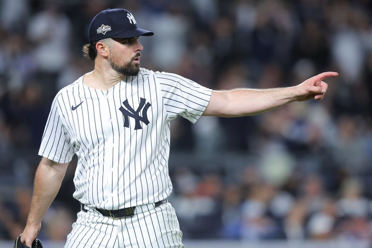 Oct 1, 2025; Bronx, New York, USA; New York Yankees starting pitcher Carlos Rodon (55) reacts after a double play during the sixth inning against the Boston Red Sox during game two of the Wildcard round for the 2025 MLB playoffs at Yankee Stadium. Mandatory Credit: Brad Penner-Imagn Images