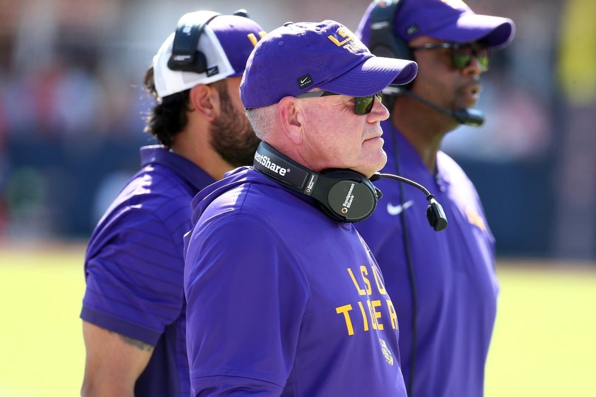 Sep 27, 2025; Oxford, Mississippi, USA; LSU Tigers head coach Brian Kelly looks on during the first quarter against the Mississippi Rebels at Vaught-Hemingway Stadium. Mandatory Credit: Petre Thomas-Imagn Images