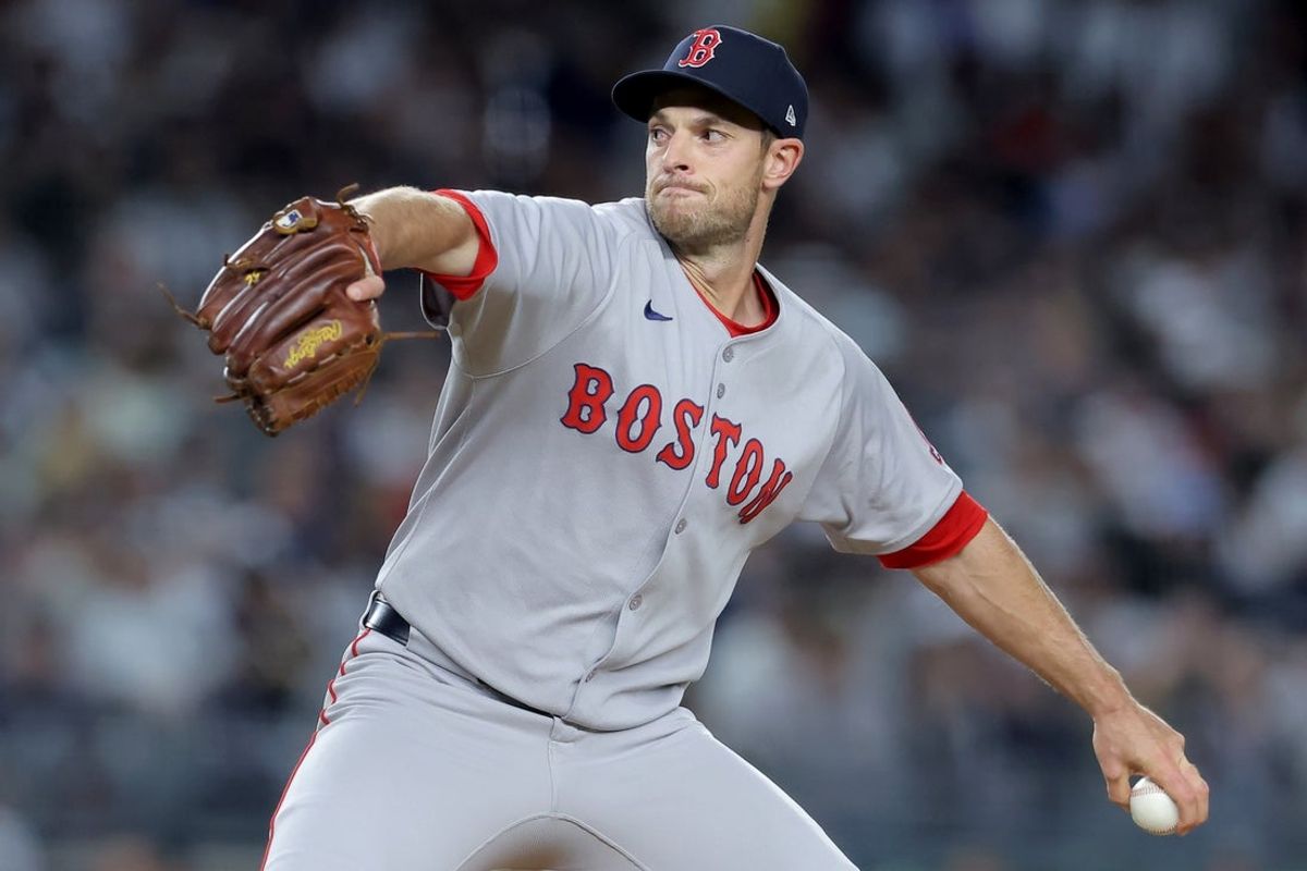 Oct 1, 2025; Bronx, New York, USA; Boston Red Sox relief pitcher Steven Matz (41) pitches against the New York Yankees during the sixth inning of game two of the Wildcard round of the 2025 MLB playoffs at Yankee Stadium. Mandatory Credit: Brad Penner-Imagn Images