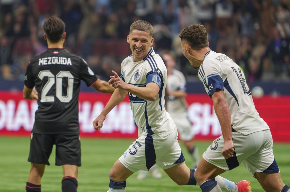 Oct 1, 2025; Vancouver, British Columbia, CAN;  Vancouver Whitecaps FC midfielder Ryan Gauld (25) (L) celebrates his goal against Vancouver FC  with Vancouver Whitecaps FC midfielder Sebastian Berhalter (16) at BC Place. Mandatory Credit: Christopher Morris-Imagn Images