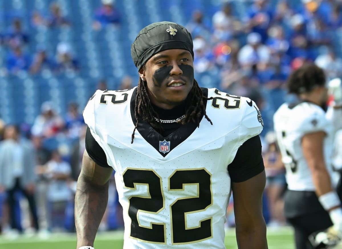 Sep 28, 2025; Orchard Park, New York, USA; New Orleans Saints wide receiver Rashid Shaheed (22) warms up before a game against the Buffalo Bills at Highmark Stadium. Mandatory Credit: Mark Konezny-Imagn Images