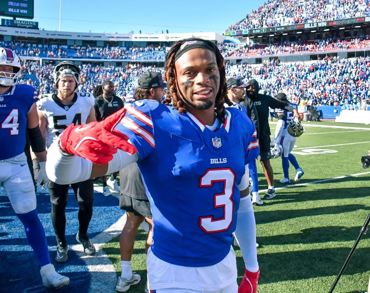 Sep 28, 2025; Orchard Park, New York, USA; Buffalo Bills safety Damar Hamlin (3) on the field after a game against the New Orleans Saints at Highmark Stadium. Mandatory Credit: Mark Konezny-Imagn Images