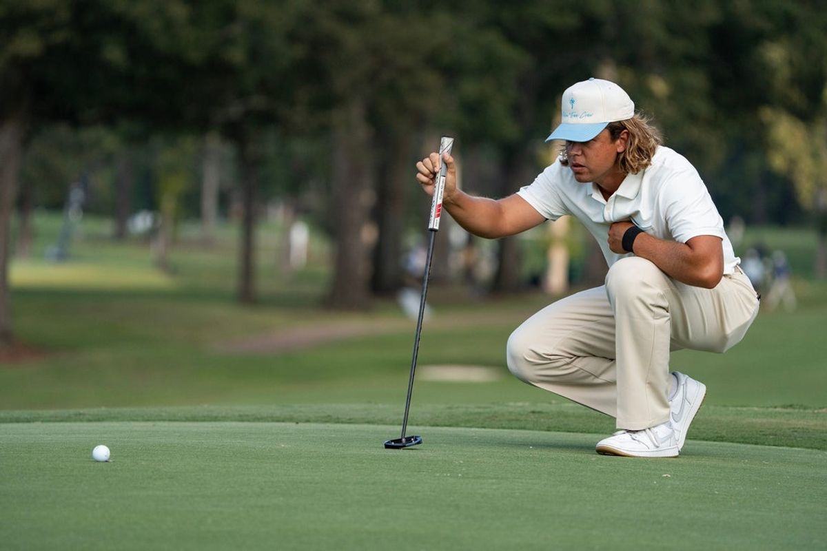 Garrick Higgo lines up his shot on the 5th green during the first round of the Sanderson Farms Championship at the Country Club of Jackson in Jackson, Miss., on Thursday, Oct. 2, 2025.