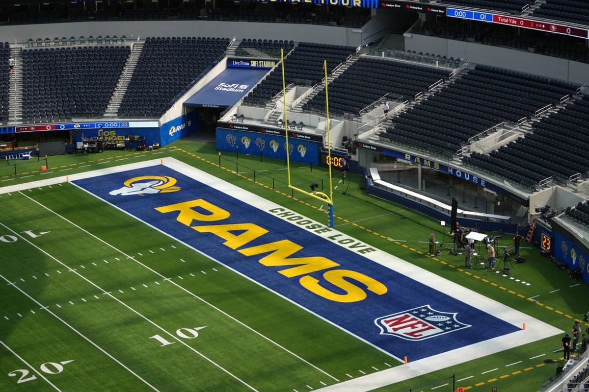 Oct 2, 2025; Inglewood, California, USA; The Los Angeles Rams logo in the end zone at SoFi Stadium. Mandatory Credit: Kirby Lee-Imagn Images