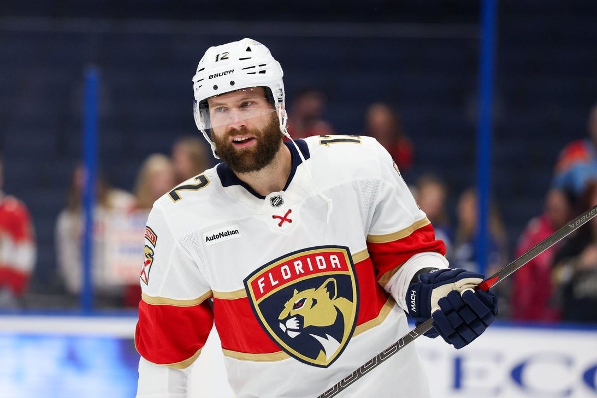 Oct 2, 2025; Tampa, Florida, USA; Florida Panthers left wing Jonah Gadjovich (12) warms up before a game against the Tampa Bay Lightning at Benchmark International Arena. Mandatory Credit: Nathan Ray Seebeck-Imagn Images
