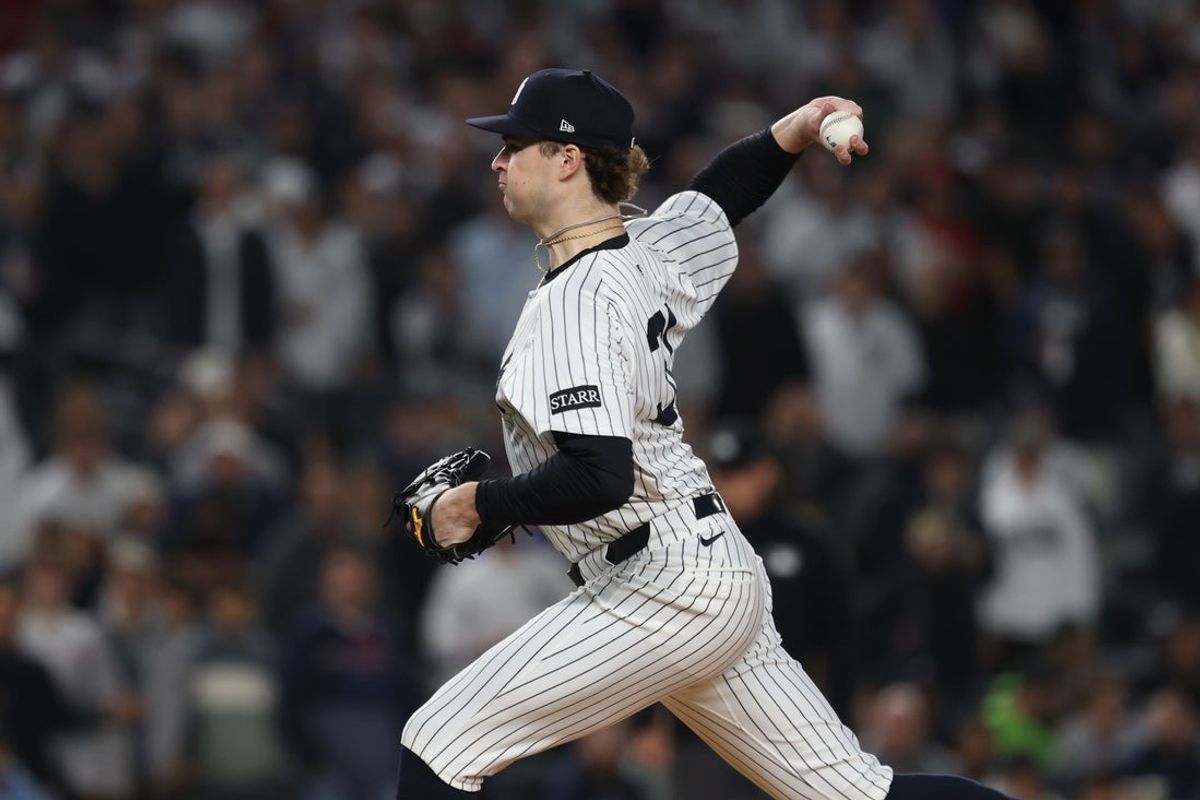 Oct 2, 2025; Bronx, New York, USA; New York Yankees pitcher Cam Schlittler (31) throws to the plate in the first inning against the Boston Red Sox during game three of the Wildcard round for the 2025 MLB playoffs at Yankee Stadium. Mandatory Credit: Vincent Carchietta-Imagn Images