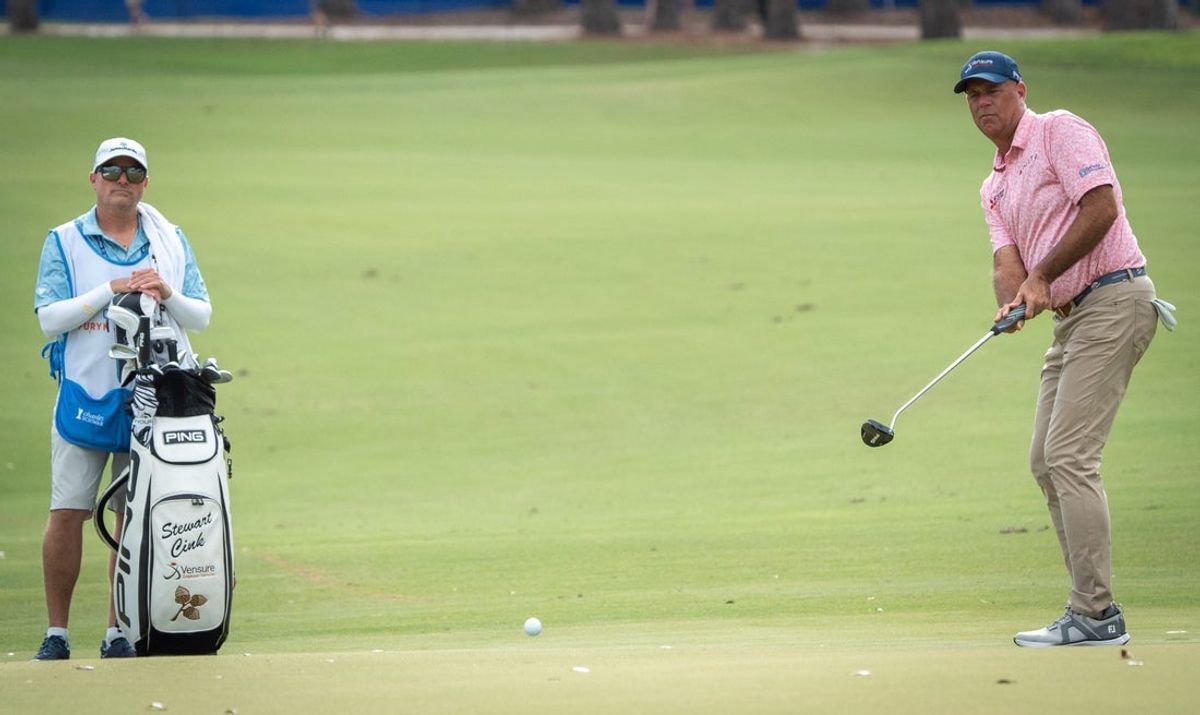 Stewart Cink’s ball hops on his putt on the 18th green during the first round of the Furyk & Friends PGA Tour Champions event held at Timuquana Country Club in Jacksonville, Fl., Friday October 3, 2025. [Doug Engle/Florida Times-Union]