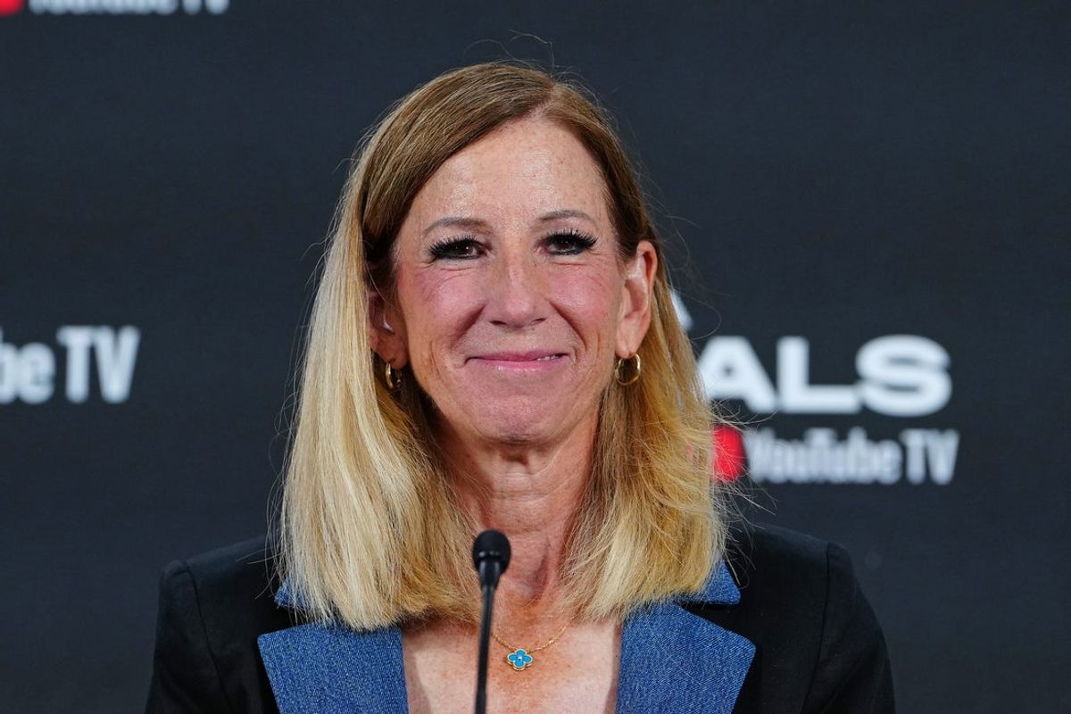 Oct 3, 2025; Las Vegas, Nevada, USA; WNBA Commissioner Cathy Engelbert talks during a presser before the start of game one of the 2025 WNBA Finals between the Phoenix Mercury and the Las Vegas Aces at Michelob Ultra Arena. Mandatory Credit: Stephen R. Sylvanie-Imagn Images