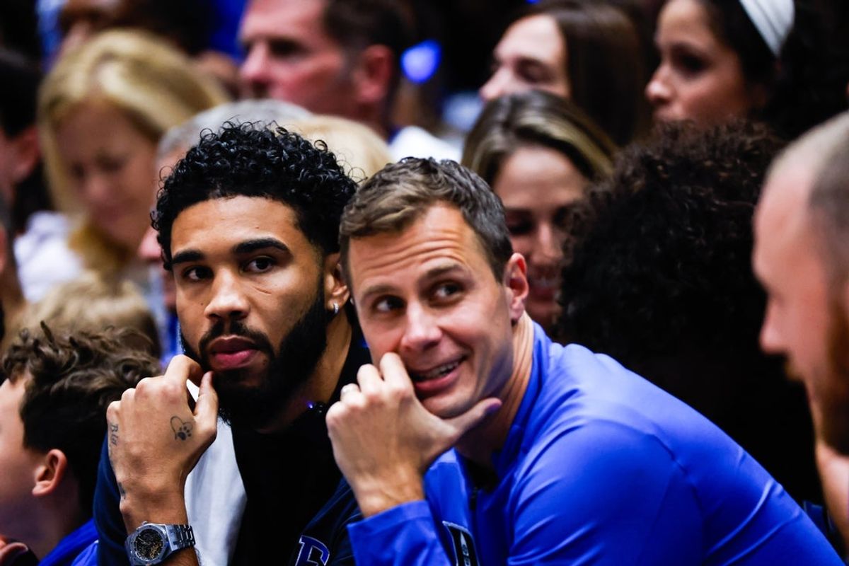 Oct 3, 2025; Durham, NC, USA;  Jayson Tatum, NBA Boston Celtics Player helps coach alongside Duke Blue Devils head coach Jon Scheyer during the Countdown to Craziness at the Cameron Indoor Stadium. Mandatory Credit: Jaylynn Nash-Imagn Images