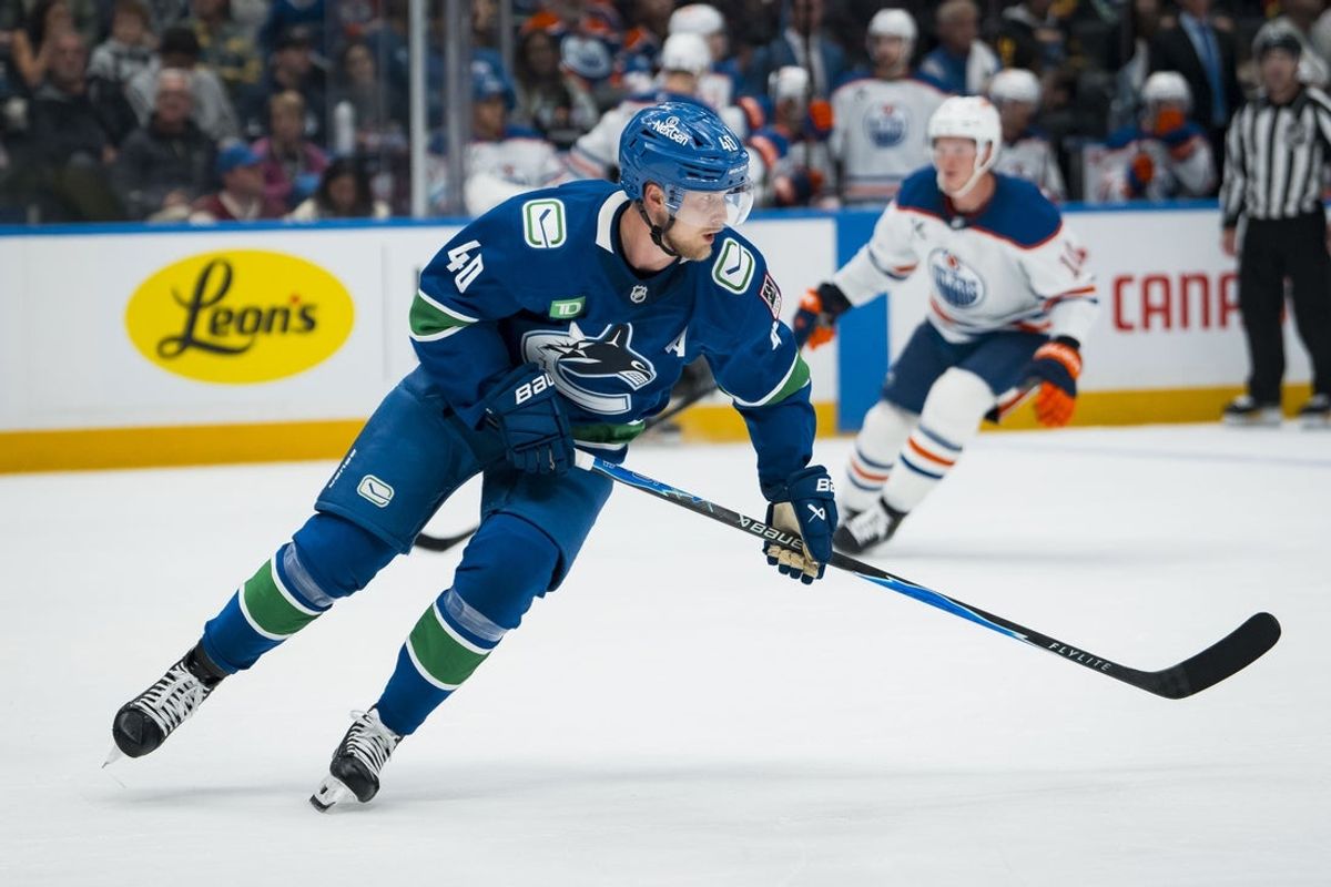 Oct 3, 2025; Vancouver, British Columbia, CAN; Vancouver Canucks forward Elias Pettersson (40) skates against the Edmonton Oilers in the second period at Rogers Arena. Mandatory Credit: Bob Frid-Imagn Images