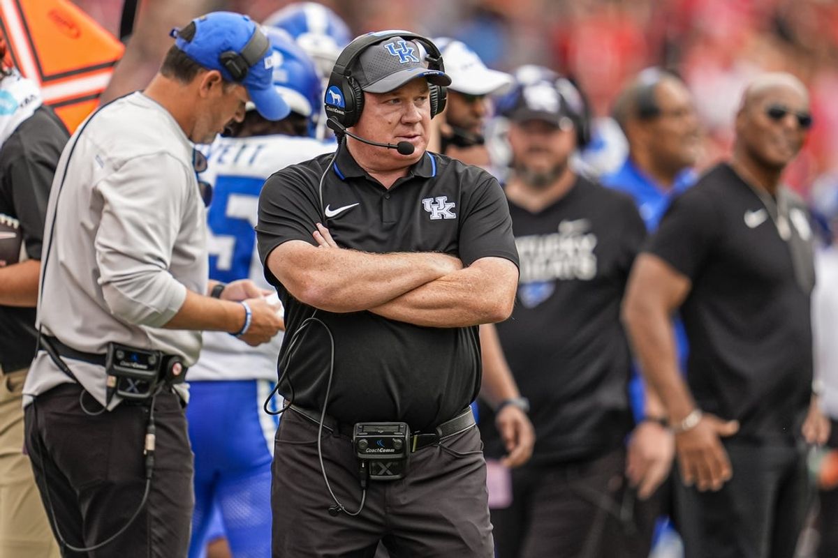 Oct 4, 2025; Athens, Georgia, USA; Kentucky Wildcats head coach Mark Stoops shown on the sidelines during the game against the Georgia Bulldogs during the first half at Sanford Stadium. Mandatory Credit: Dale Zanine-Imagn Images