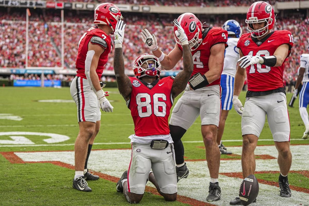 Oct 4, 2025; Athens, Georgia, USA; Georgia Bulldogs wide receiver Dillon Bell (86) reacts after scoring a touchdown against the Kentucky Wildcats during the first half at Sanford Stadium. Mandatory Credit: Dale Zanine-Imagn Images