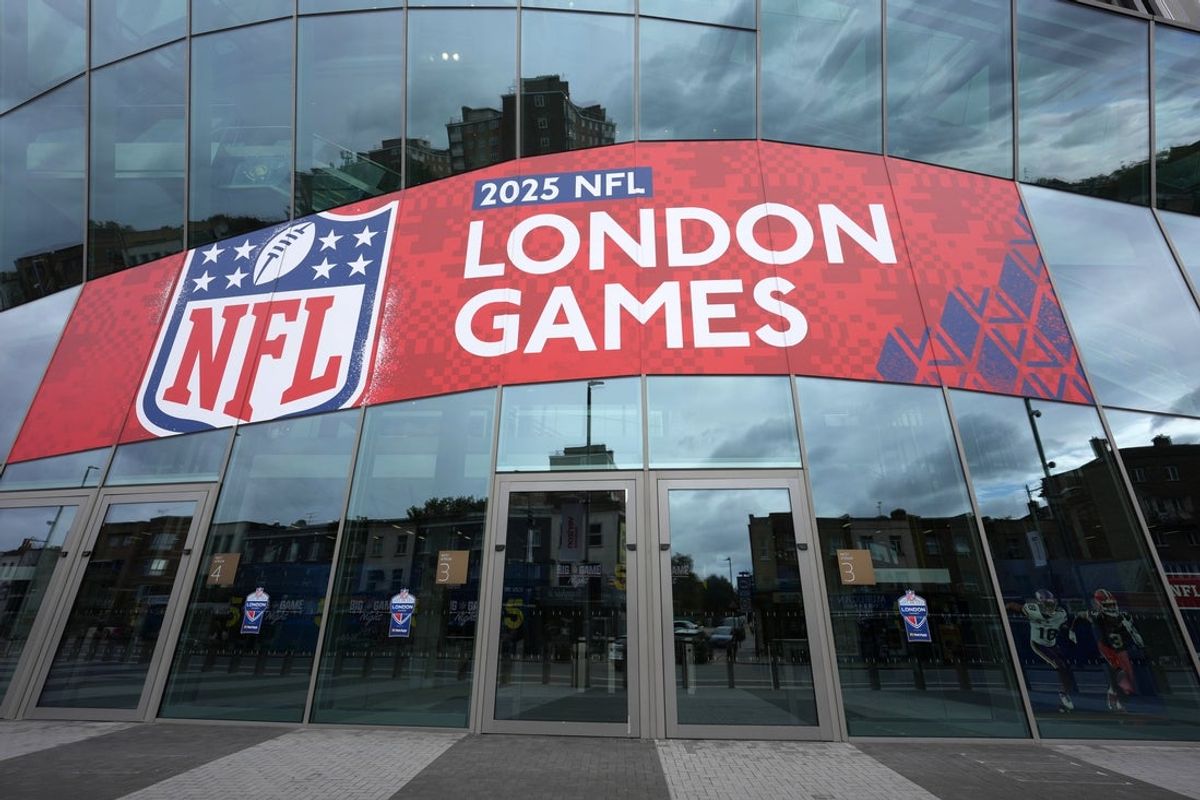 Oct 4, 2025; London, United Kingdom; A general overall view as a red double decker bus passes by Tottenham Hotspur Stadium. The stadium is the site of the 2025 NFL London Games between the Minnesota Vikings and the Cleveland Browns and Denver Broncos and the New York Jets. Mandatory Credit: Kirby Lee-Imagn Images
