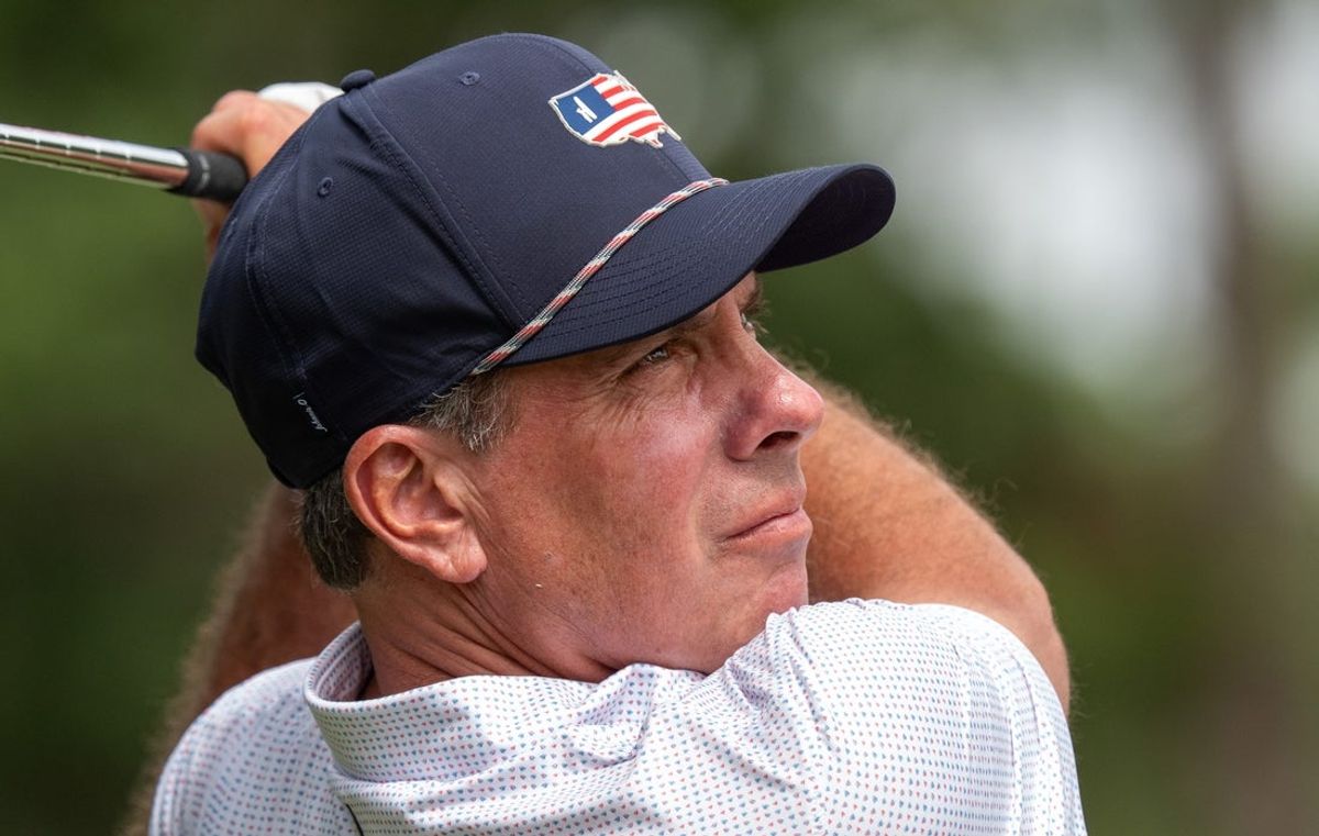 Matt Gogel watches his tee shot off of #7 during the second round of the Furyk & Friends PGA Tour Champions event held at Timuquana Country Club in Jacksonville, Fl., Saturday October 4, 2025. [Doug Engle/Florida Times-Union]