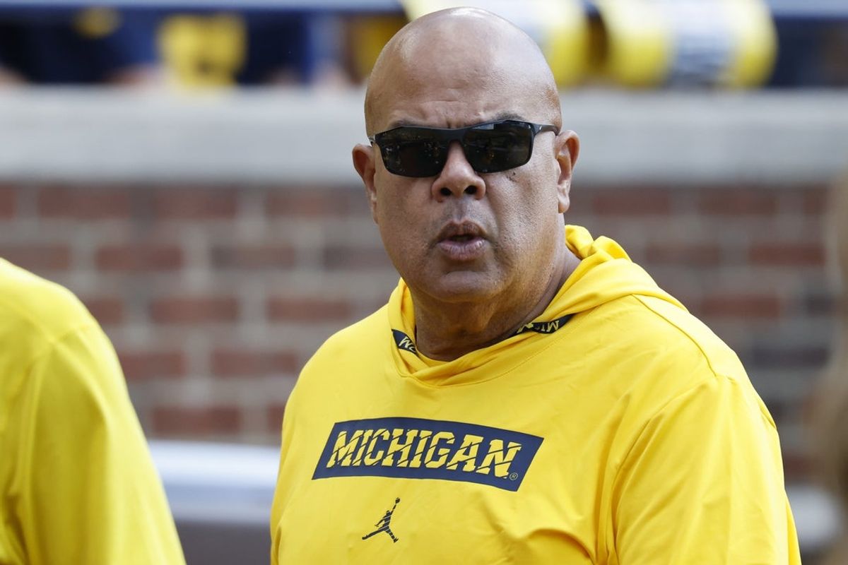 Oct 4, 2025; Ann Arbor, Michigan, USA;  Michigan Wolverines athletic director Warde Manuel on the sideline in the second half against the Wisconsin Badgers at Michigan Stadium. Mandatory Credit: Rick Osentoski-Imagn Images
