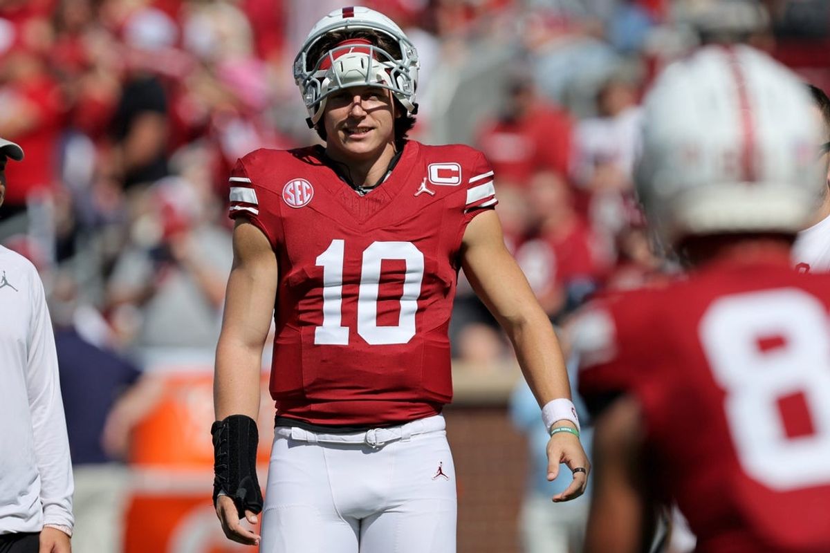 Oklahoma quarterback John Mateer (10) before an NCAA football game between the Oklahoma Sooners (OU) and Kent State Golden Flashes at Gaylord Family - Oklahoma Memorial Stadium in Norman, Okla., Saturday, Oct. 4, 2025.