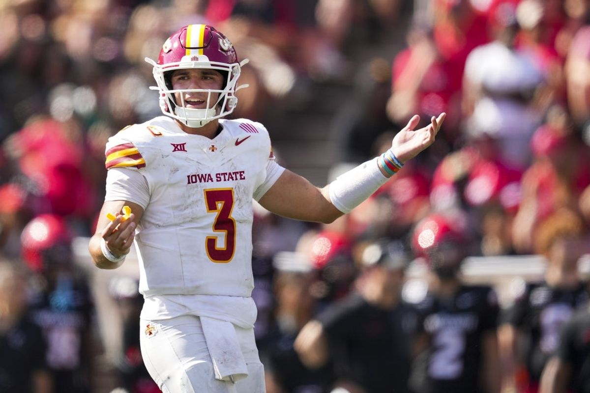 Oct 4, 2025; Cincinnati, Ohio, USA;  Iowa State Cyclones quarterback Rocco Becht (3) reacts to teammates during the game against the Cincinnati Bearcats in the second half at Nippert Stadium. Mandatory Credit: Aaron Doster-Imagn Images