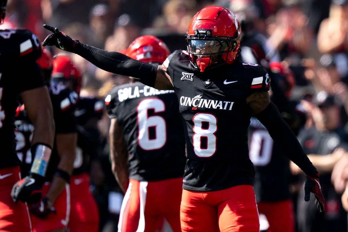 Cincinnati Bearcats cornerback Ormanie Arnold (8) reacts after a defensive stop in the fourth quarter of the NCAA football game between the Cincinnati Bearcats and Iowa State Cyclones at Nippert Stadium in Cincinnati on Oct. 4, 2025.