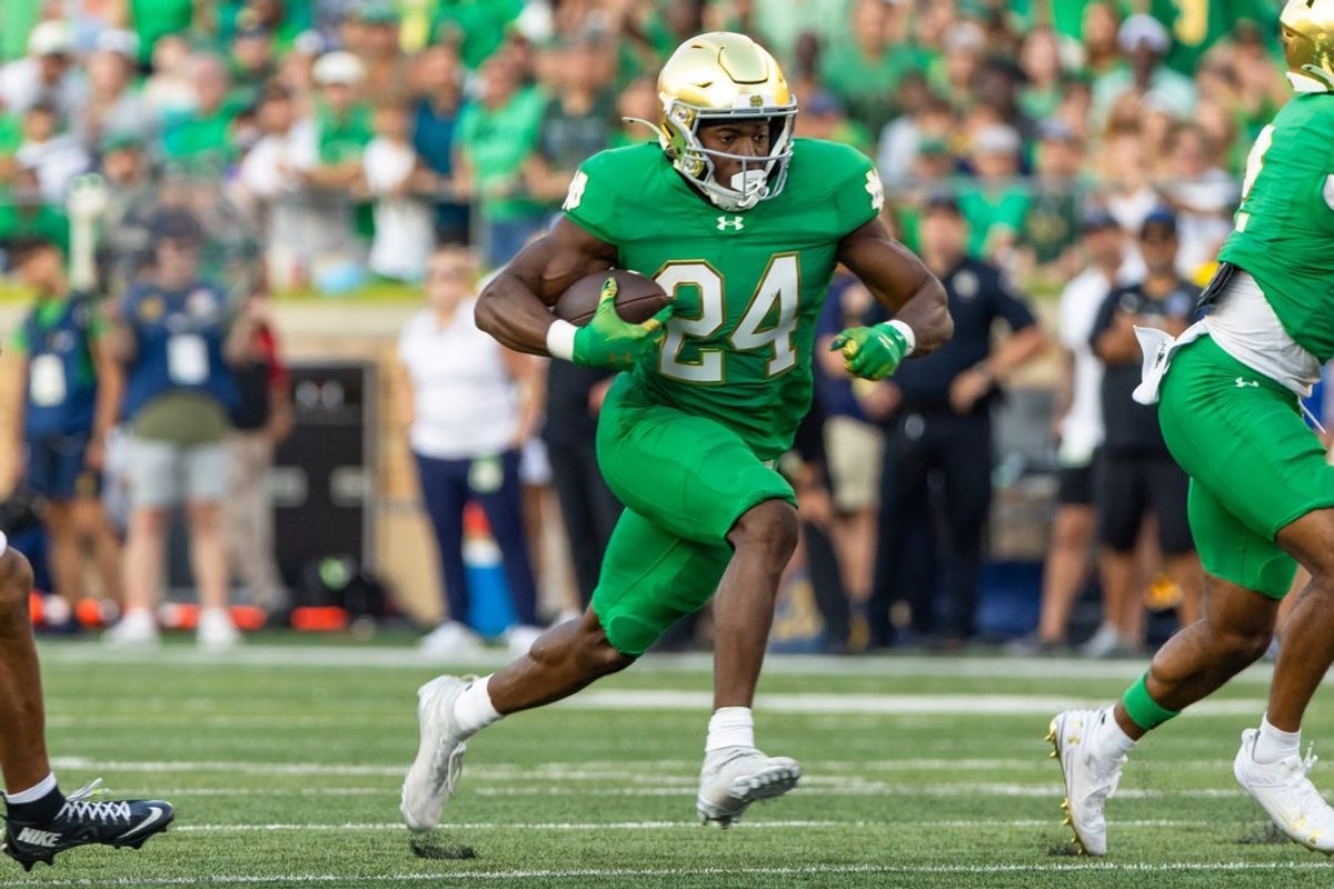 Oct 4, 2025; South Bend, Indiana, USA; Notre Dame Fighting Irish running back Jadarian Price (24) runs for a touchdown against the Boise State Broncos during the second half at Notre Dame Stadium. Mandatory Credit: Michael Caterina-Imagn Images