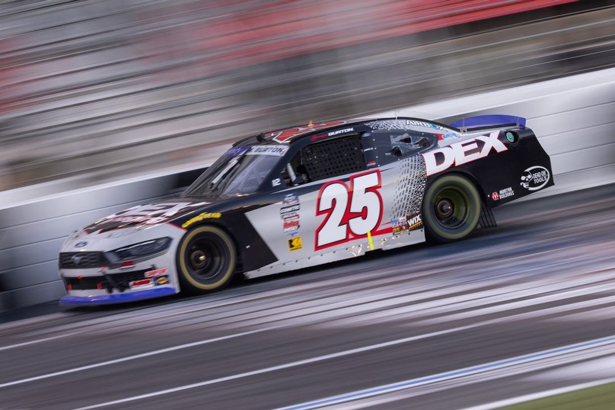 Oct 4, 2025; Concord, North Carolina, USA; NASCAR Xfinity Series driver Harrison Burton (25) drives at Charlotte Motor Speedway Road Course. Mandatory Credit: Scott Kinser-Imagn Images