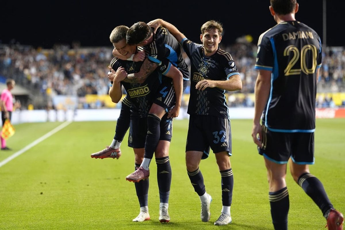 Oct 4, 2025; Chester, Pennsylvania, USA; Philadelphia Union forward Mikael Uhre (7) celebrates with teammates after scoring a goal against New York City FC in the first half at Subaru Park. Mandatory Credit: Kyle Ross-Imagn Images
