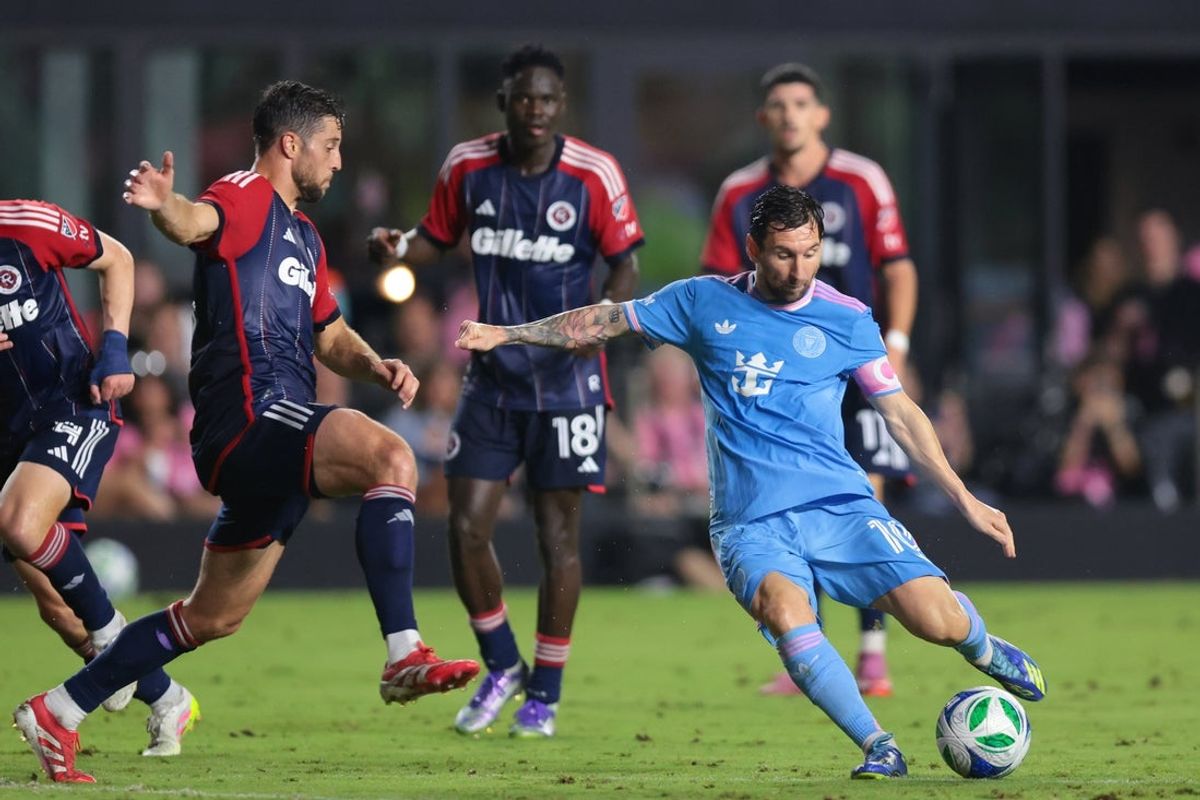Oct 4, 2025; Fort Lauderdale, Florida, USA; Inter Miami CF forward Lionel Messi (10) shoots the ball against the New England Revolution during the first half at Chase Stadium. Mandatory Credit: Sam Navarro-Imagn Images