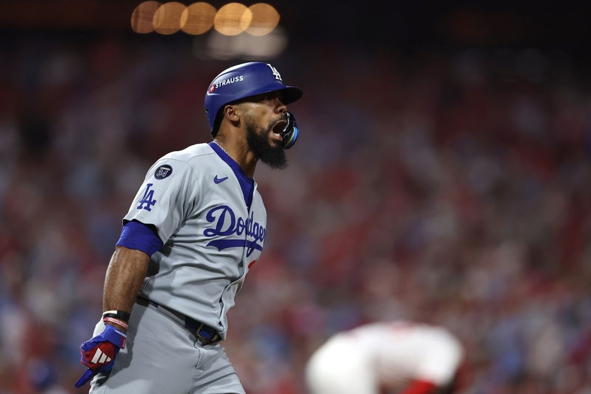 Oct 4, 2025; Philadelphia, Pennsylvania, USA; Los Angeles Dodgers right fielder Teoscar Hernandez (37) runs after hitting a three run home run against the Philadelphia Phillies in the seventh inning during game one of the NLDS round for the 2025 MLB playoffs at Citizens Bank Park. Mandatory Credit: Bill Streicher-Imagn Images