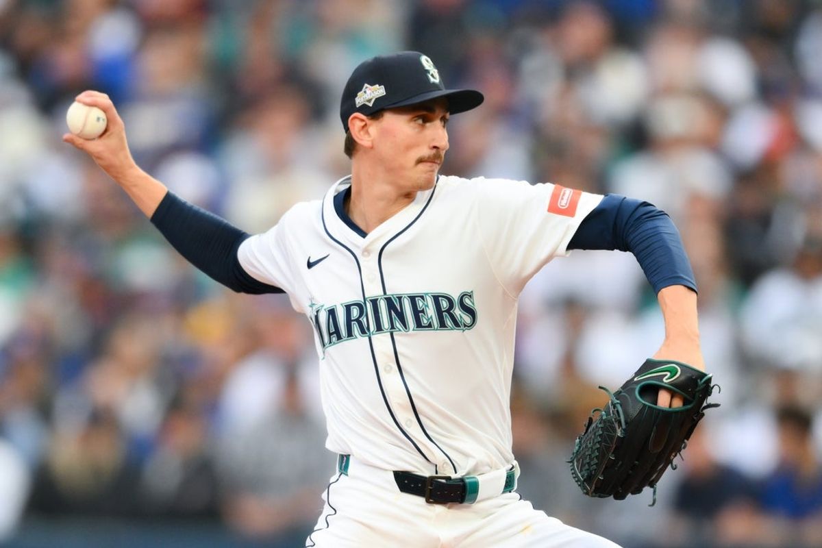 Oct 4, 2025; Seattle, Washington, USA; Seattle Mariners pitcher George Kirby (68) delivers during the first inning against the Detroit Tigers during game one of the ALDS round for the 2025 MLB playoffs at T-Mobile Park. Mandatory Credit: Steven Bisig-Imagn Images