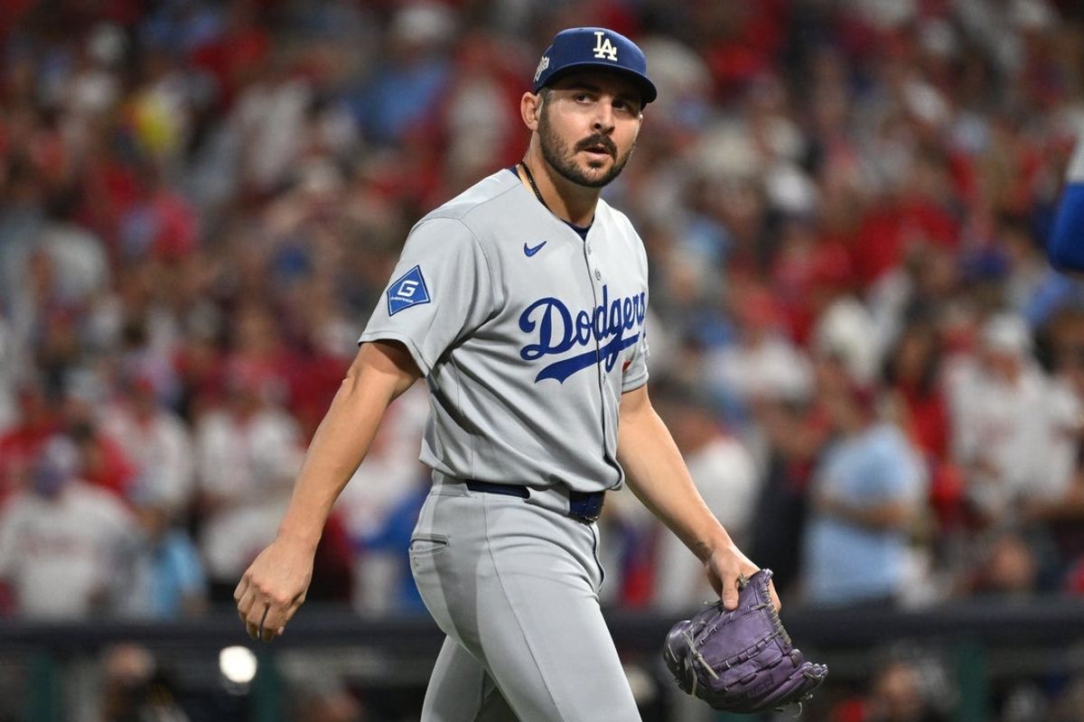 Oct 4, 2025; Philadelphia, Pennsylvania, USA; Los Angeles Dodgers pitcher Alex Vesia (51) reacts in the eighth inning against the Philadelphia Phillies during game one of the NLDS round for the 2025 MLB playoffs at Citizens Bank Park. Mandatory Credit: Eric Hartline-Imagn Images