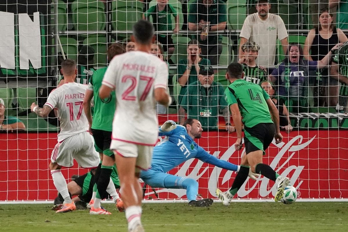 Oct 4, 2025; Austin, Texas, USA; St. Louis CITY SC midfielder Marcel Hartel (17) makes a goal against Austin FC goalkeeper Brad Stuver (1) during the first half at Q2 Stadium. Mandatory Credit: Dustin Safranek-Imagn Images