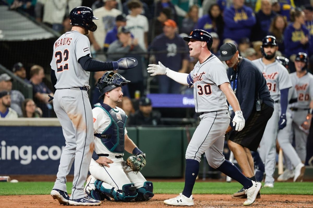 Oct 4, 2025; Seattle, Washington, USA; Detroit Tigers outfielder Kerry Carpenter (30) celebrates hitting a two run home run during the fifth inning against the Seattle Mariners during game one of the ALDS round for the 2025 MLB playoffs at T-Mobile Park. Mandatory Credit: Joe Nicholson-Imagn Images