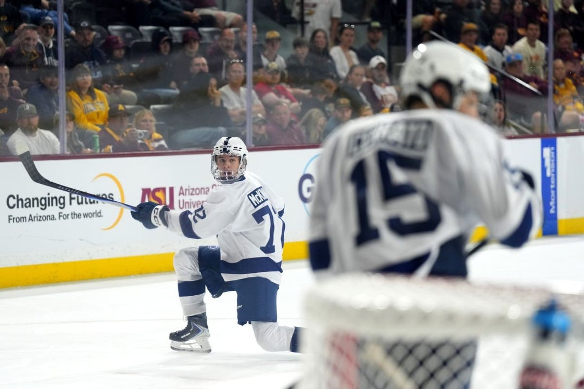 Oct 4, 2025; Tempe, AZ, USA; Penn State Nittany Lions forward Gavin McKenna (72) shoots and scores a goal against the Arizona State Sun Devils during the third period at Mullett Arena. Mandatory Credit: Joe Camporeale-Imagn Images