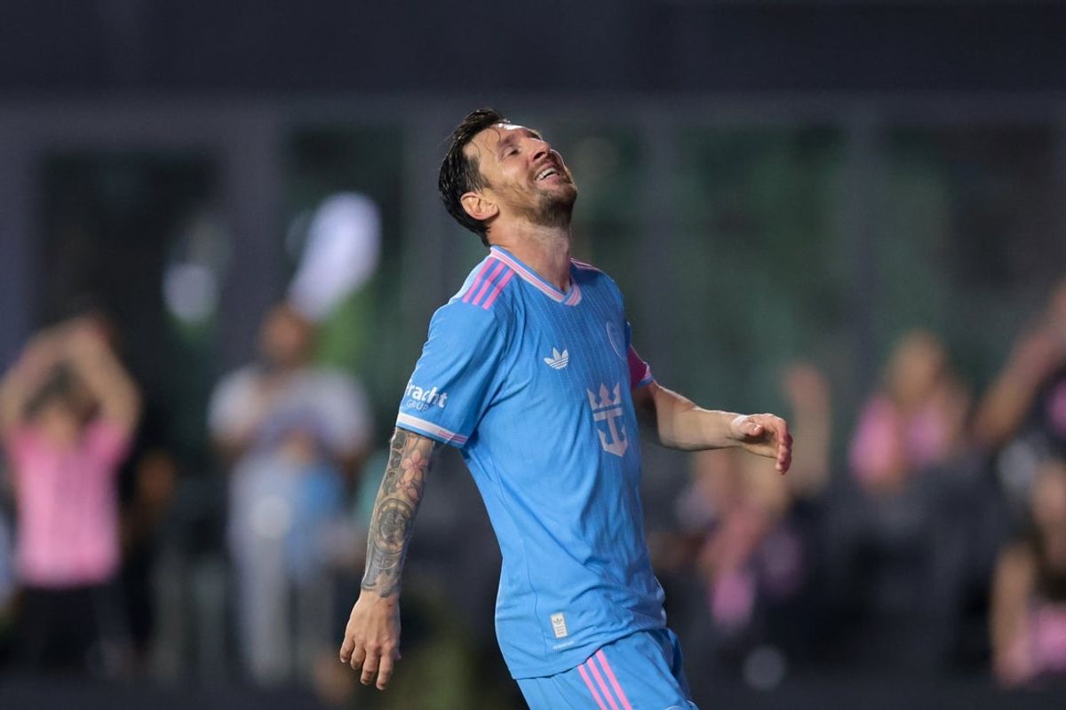 Oct 4, 2025; Fort Lauderdale, Florida, USA; Inter Miami CF forward Lionel Messi (10) reacts against the New England Revolution during the second half at Chase Stadium. Mandatory Credit: Sam Navarro-Imagn Images